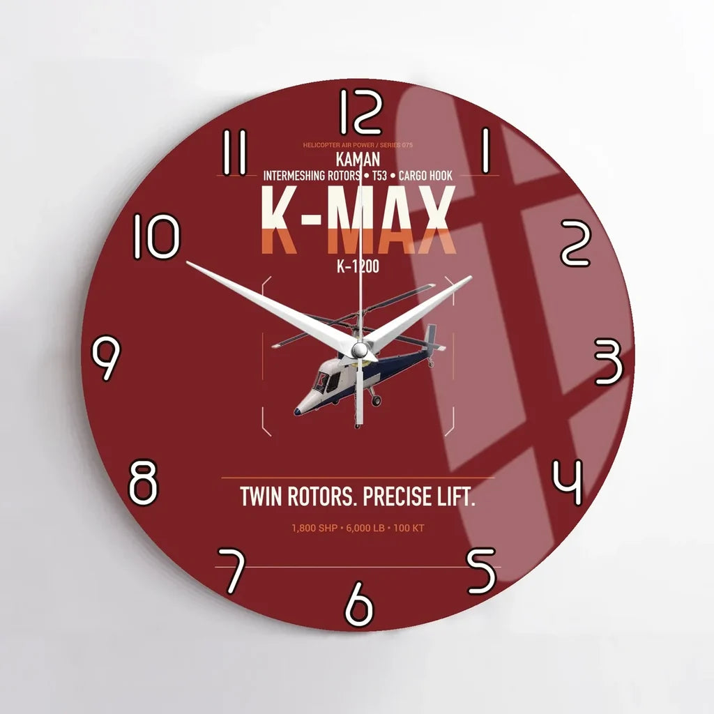 Kaman K-1200 K-MAX design on dark red no frame wall clock