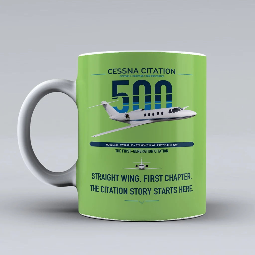 Cessna Citation 500 - Citation I design on light green ceramic mug, double-side print