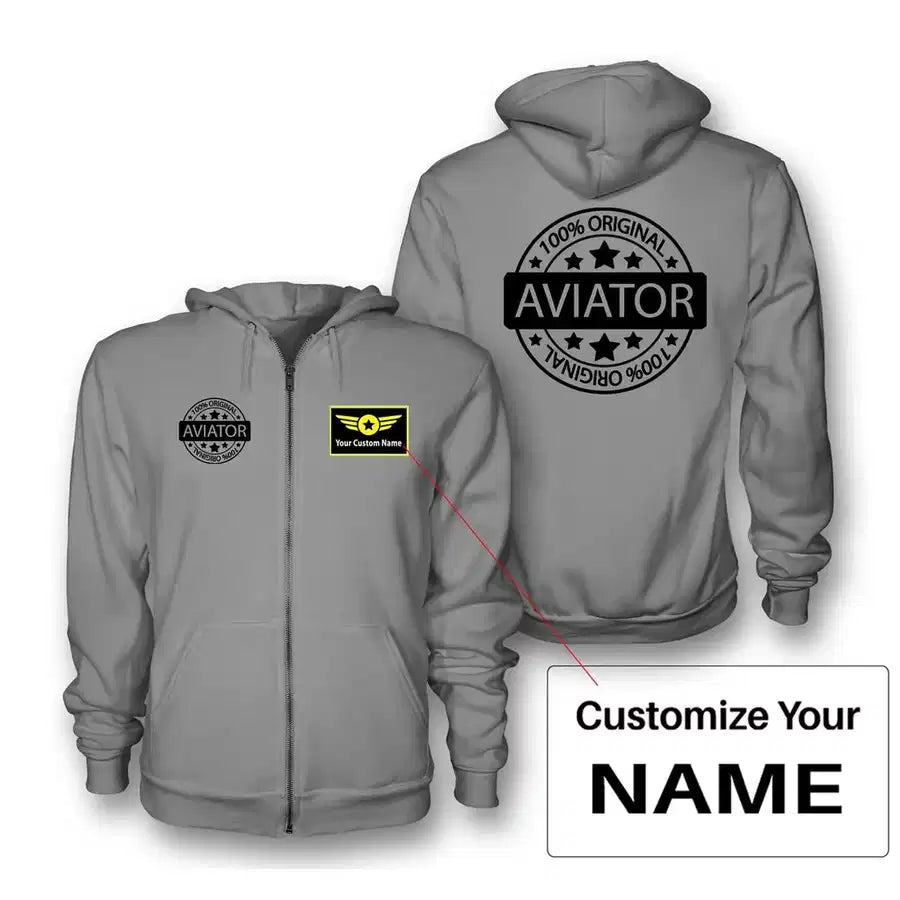 %100 Original Aviator Zipped Hoodie - Gray + Name (Customizable)