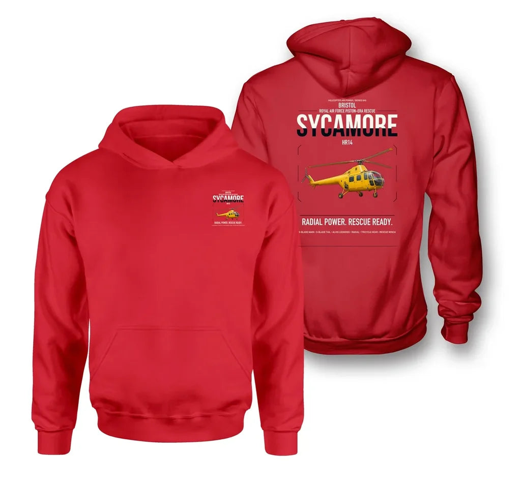 Bristol Sycamore HR14 design on red double-side hoodie, double-side print