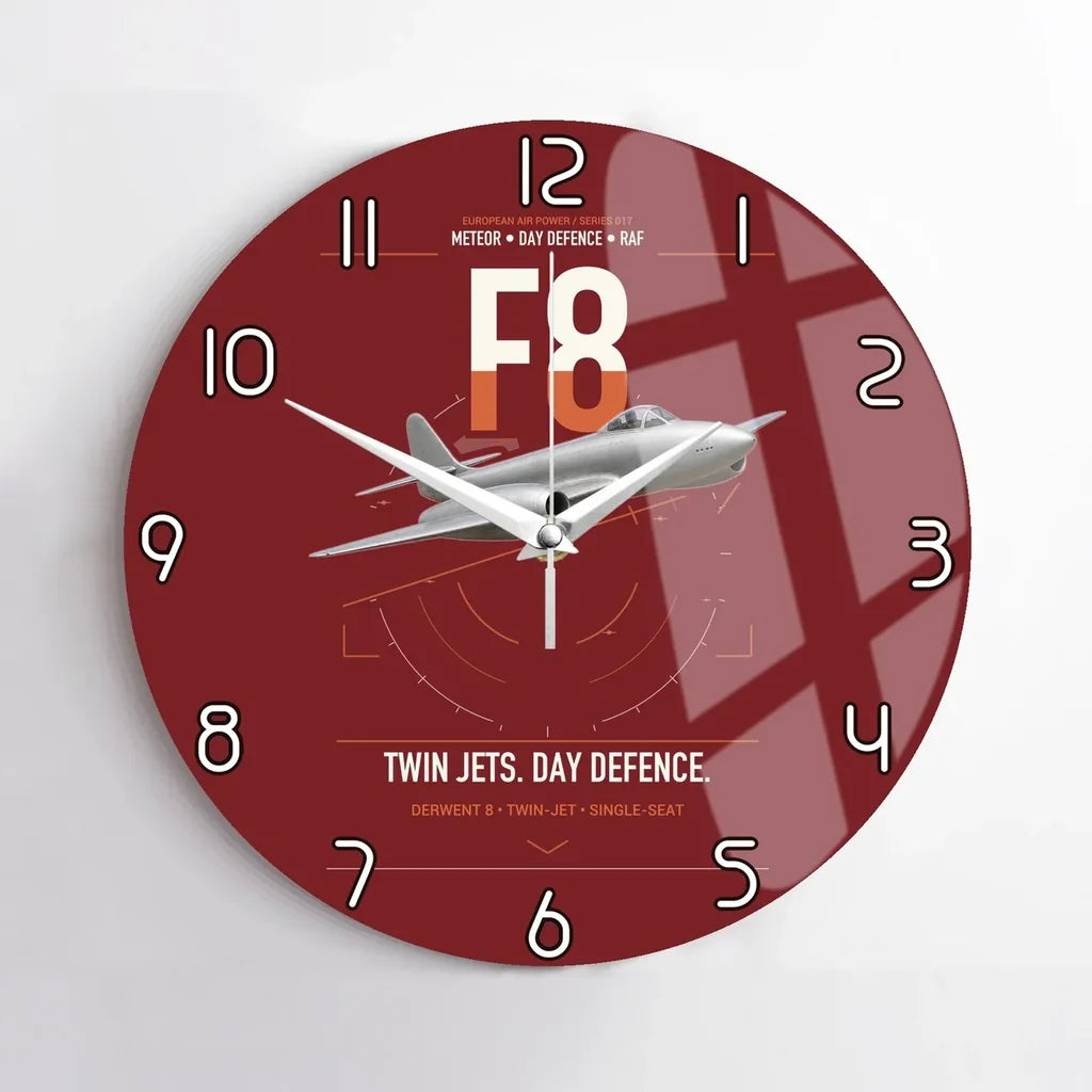 Gloster Meteor F8 design on dark red no frame wall clock
