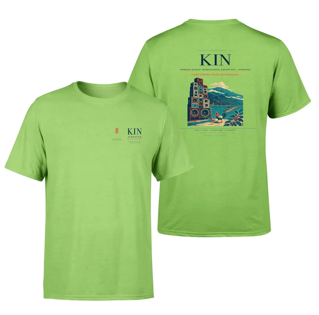 Norman Manley International Airport (KIN) design printed on light green double-side t-shirt