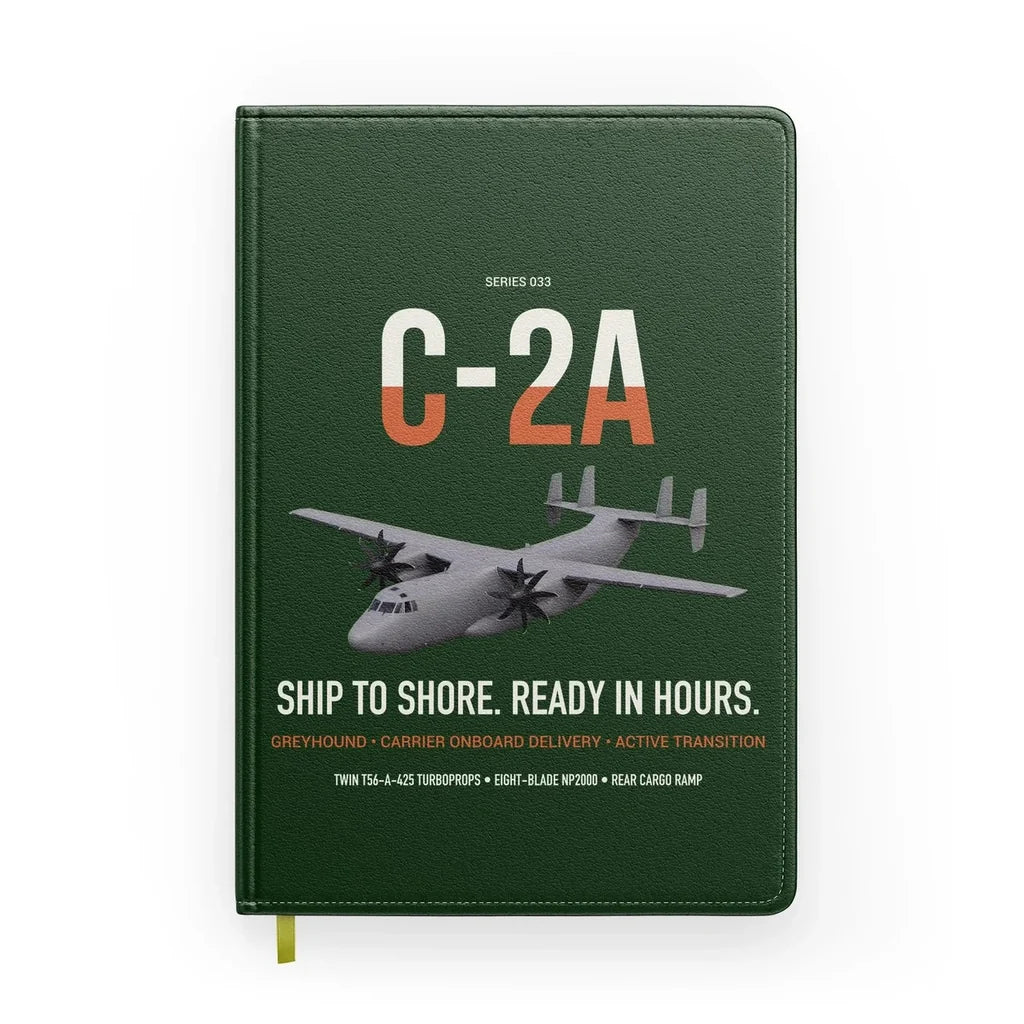 C-2A Greyhound design on dark green notebook