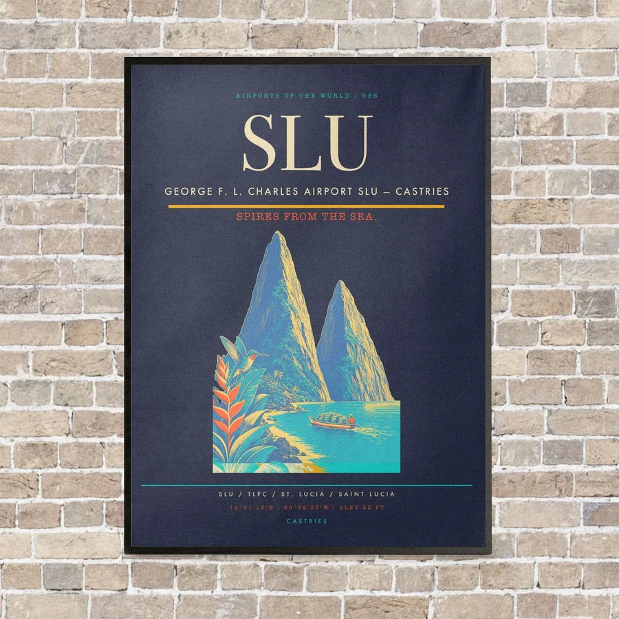 George F. L. Charles Airport SLU — Castries vertical canvas print - framed - navy blue background