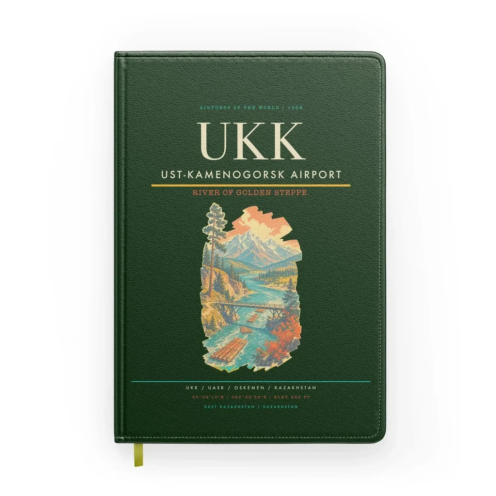 Ust-Kamenogorsk Airport (UKK) design on dark green notebook
