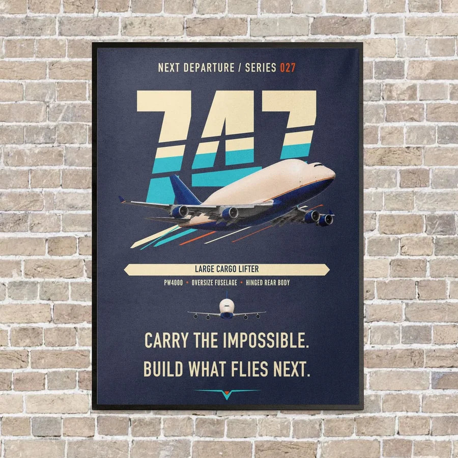 Boeing 747-400 Dreamlifter vertical canvas print - framed - navy blue background