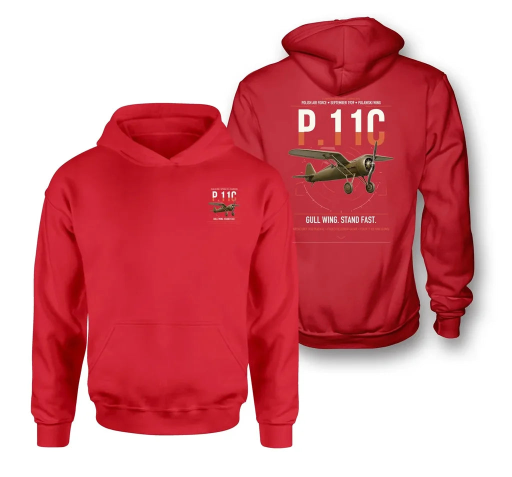 PZL P.11c design on red double-side hoodie, double-side print