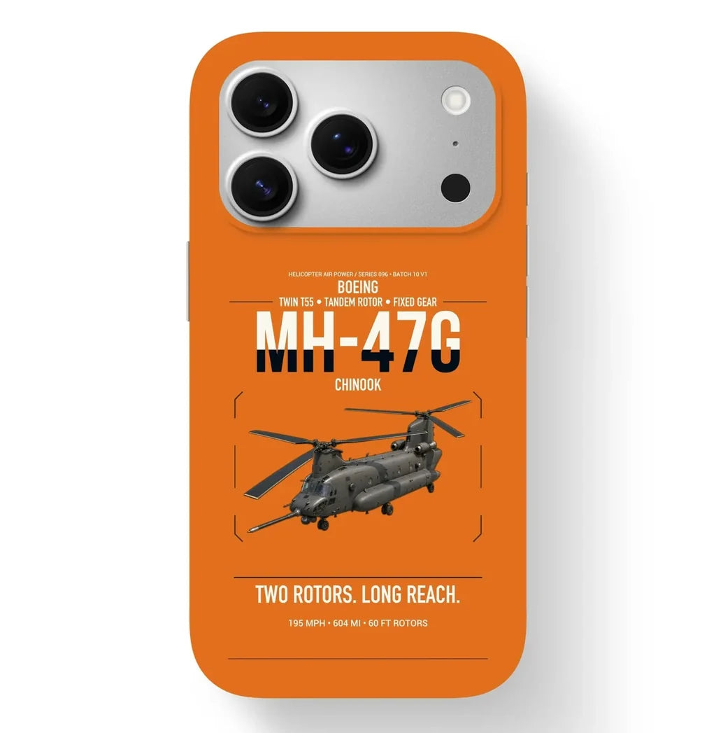 Boeing MH-47G Chinook design on orange magsafe iphone case, for iPhone 17 Pro