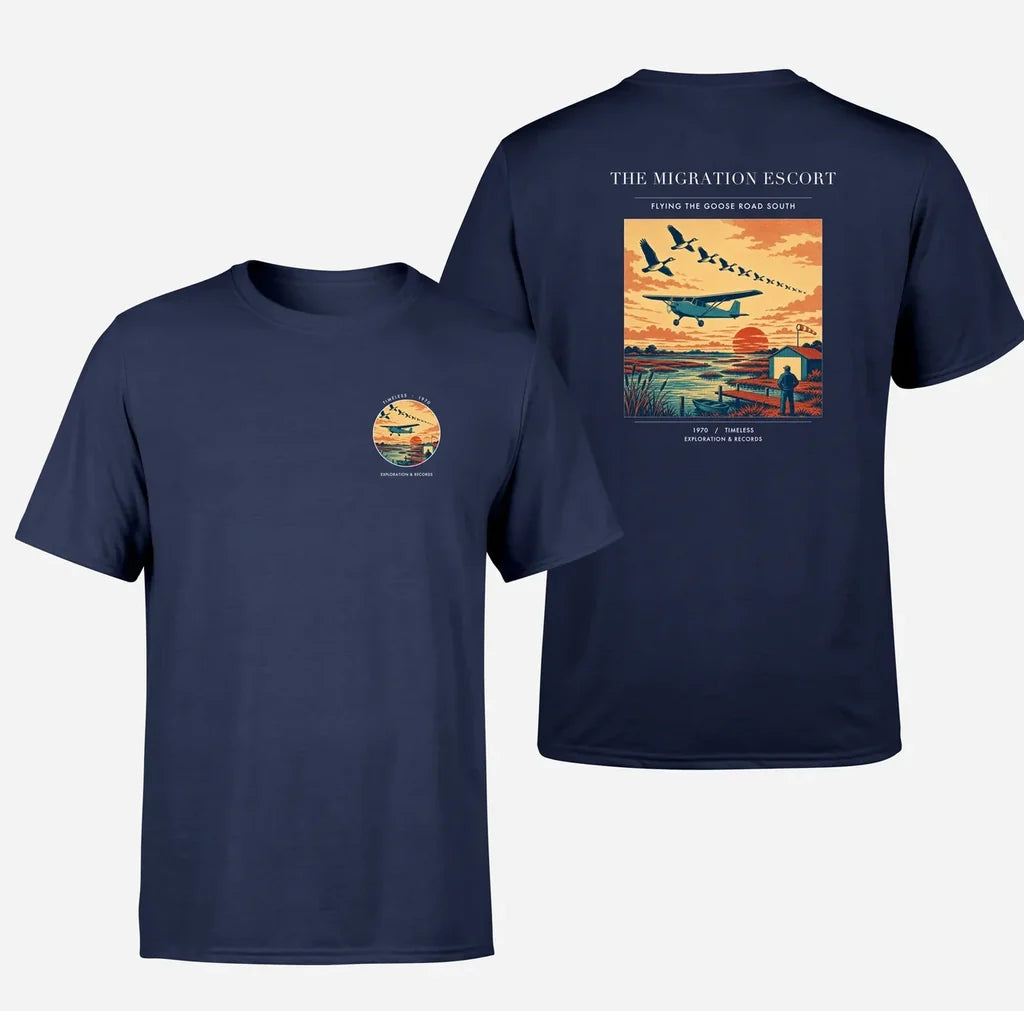 VINTAGE G4448 - The Migration Escort - Double-Side T-Shirt design on navyblue double side t shirt