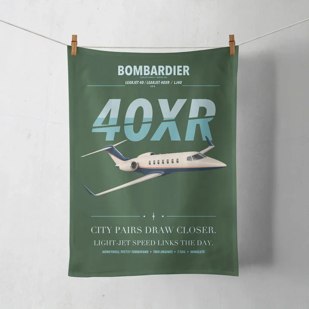 Bombardier Learjet 40XR design on dark green towel