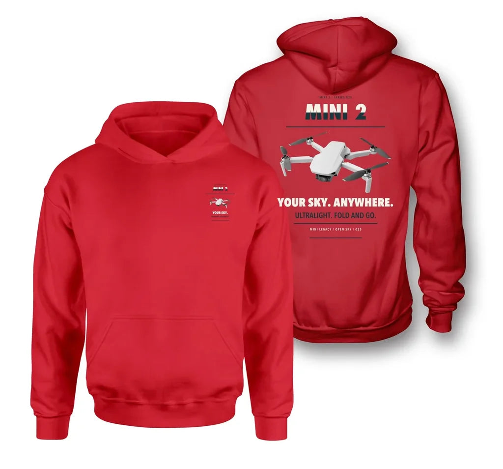 DJI Mini 2 design on red hoodie