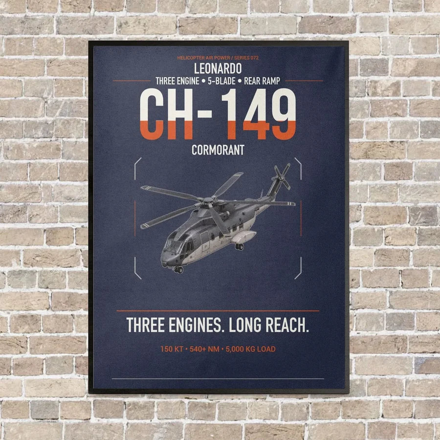 Leonardo CH-149 Cormorant vertical canvas print - framed - navy blue background