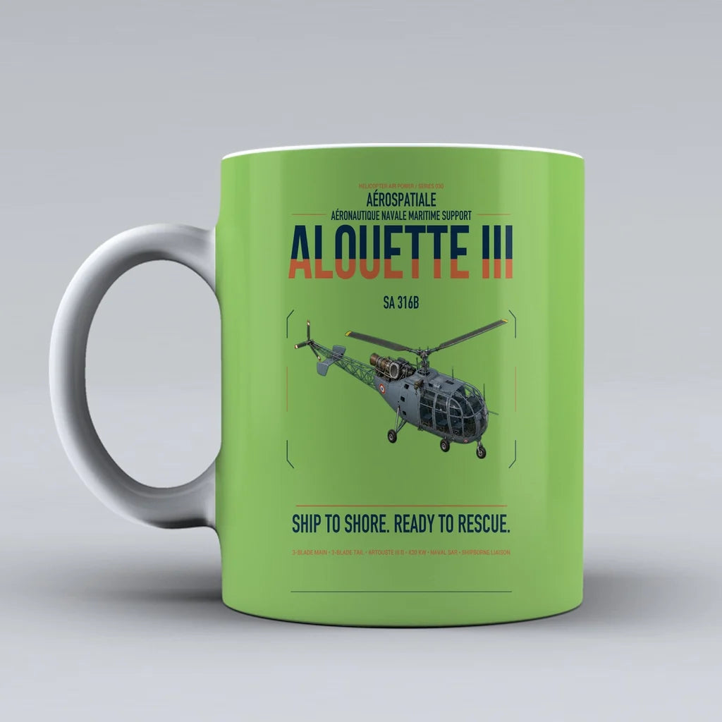 Aérospatiale SA 316B Alouette III design on light green ceramic mug, double-side print