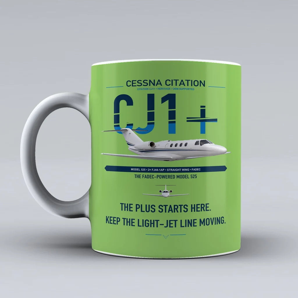 Cessna Citation CJ1+ design on light green ceramic mug, double-side print