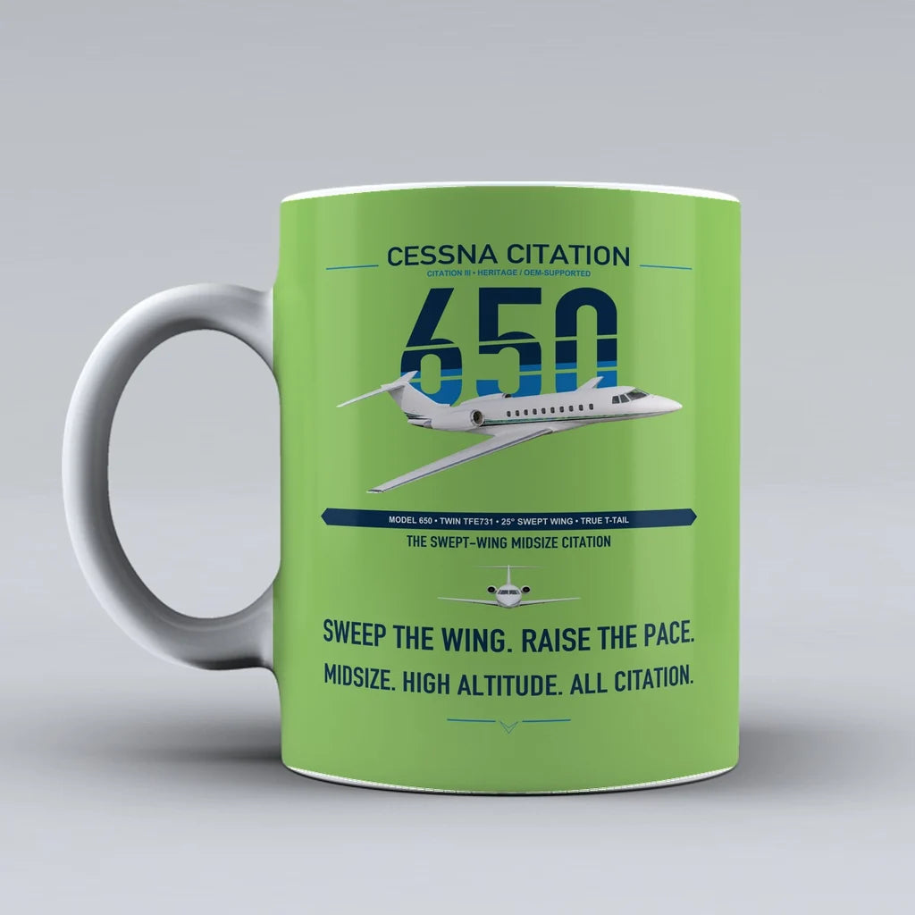 Cessna Citation 650 - Citation III design on light green ceramic mug, double-side print