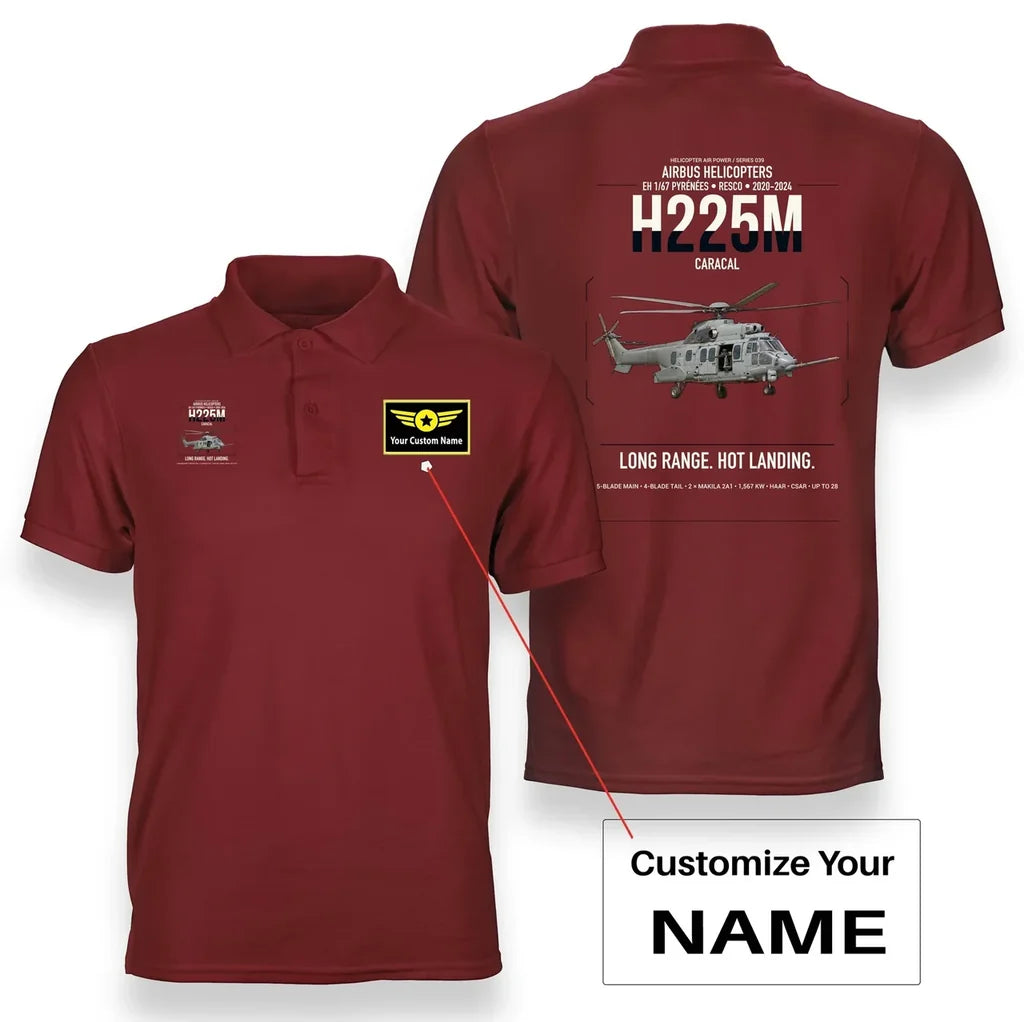 Airbus Helicopters H225M Caracal design on red+name double-side polo t-shirt, double-side print