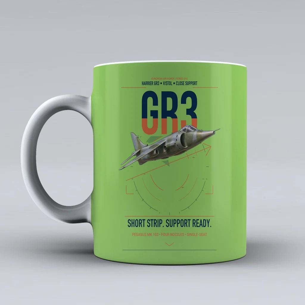 Hawker Siddeley Harrier GR3 design on light green ceramic mug, double-side print
