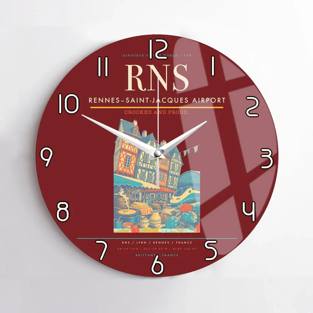 Rennes–Saint-Jacques Airport (RNS) design on dark red no frame wall clock