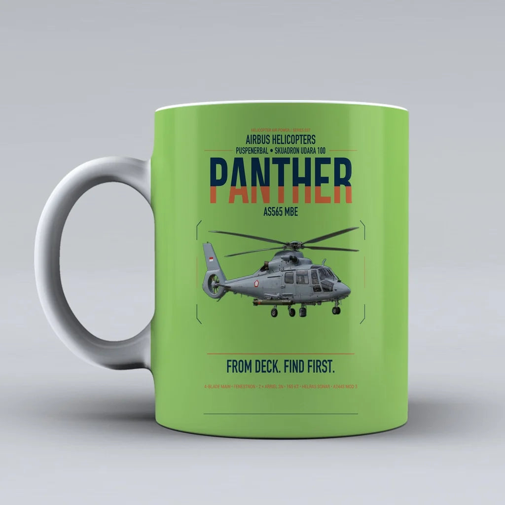 Airbus Helicopters AS565 MBe Panther design on light green ceramic mug, double-side print