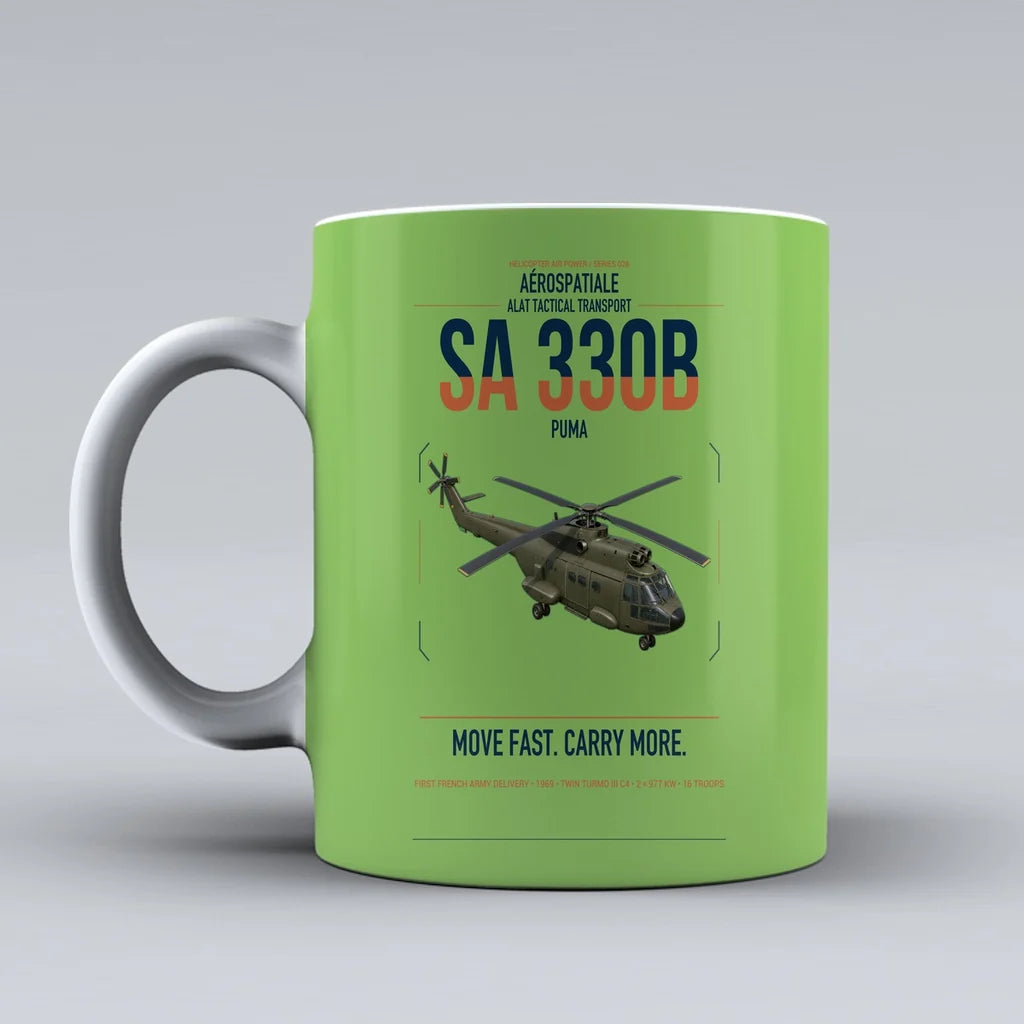 Aérospatiale SA 330B Puma design on light green ceramic mug, double-side print