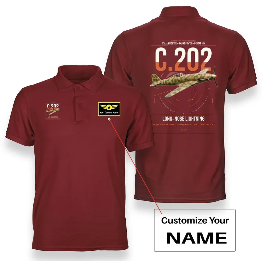 Macchi C.202 Folgore design on red+name double-side polo t-shirt, double-side print