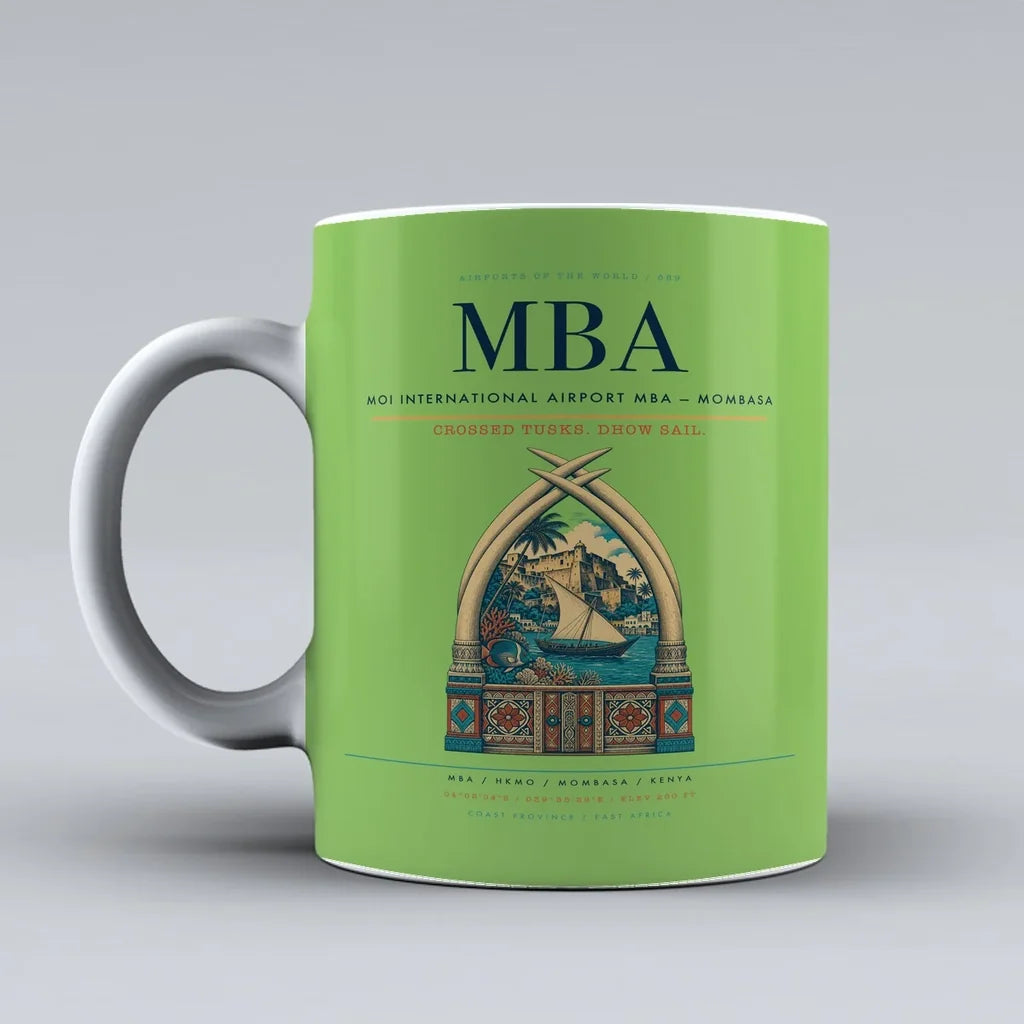 International Airport MBA — Mombasa Mug design on light green moi
