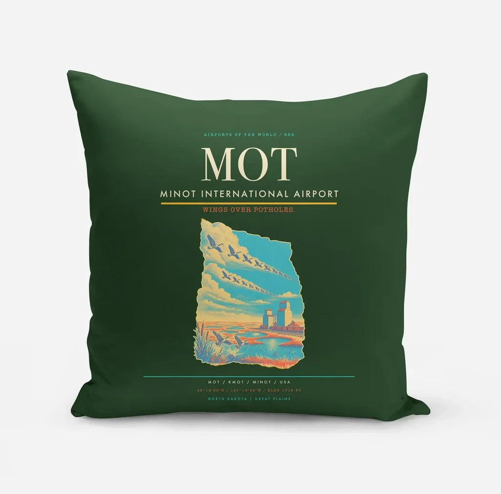 Minot International Airport (MOT) design on dark green pillow