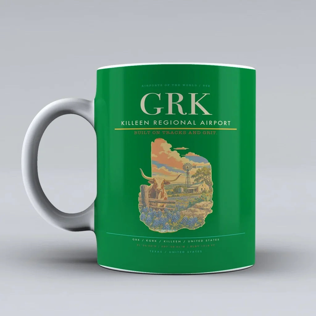 Killeen Regional Airport (GRK) airport code design on green ceramic mug