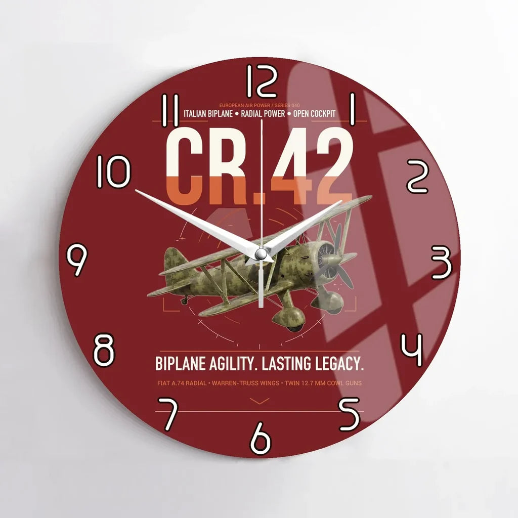 Fiat CR.42 Falco design on dark red no frame wall clock