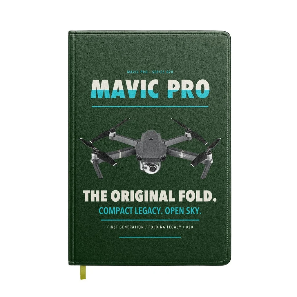 DJI Mavic Pro design on dark green notebook