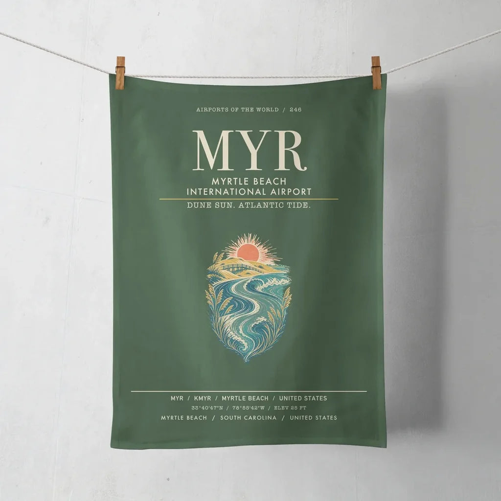Myrtle Beach International Airport (MYR) design on dark green towel