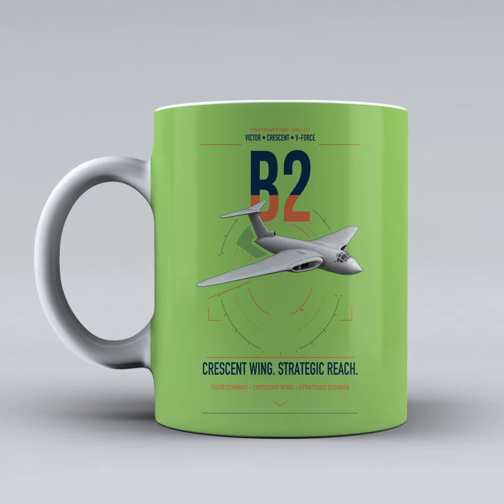 Handley Page Victor B2 design on light green ceramic mug, double-side print
