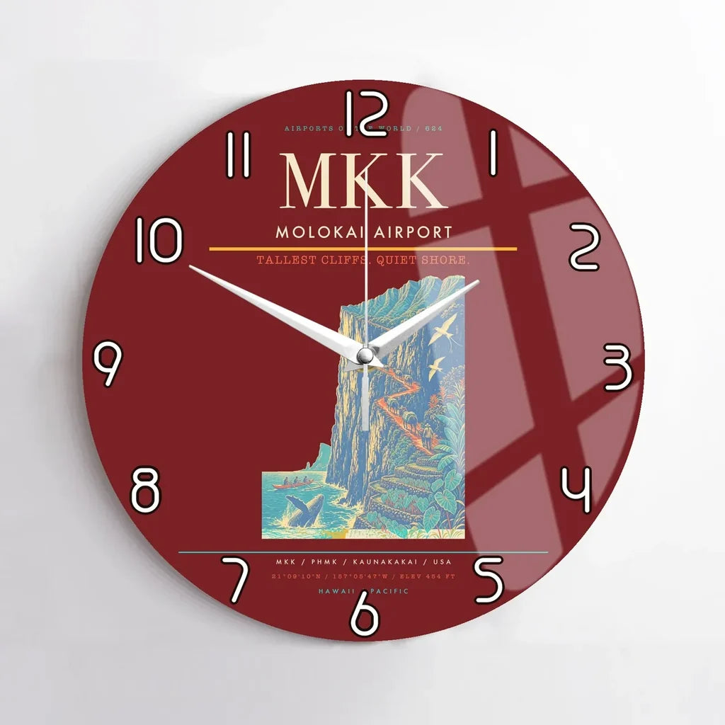 Molokai Airport (MKK) design on dark red no frame wall clock