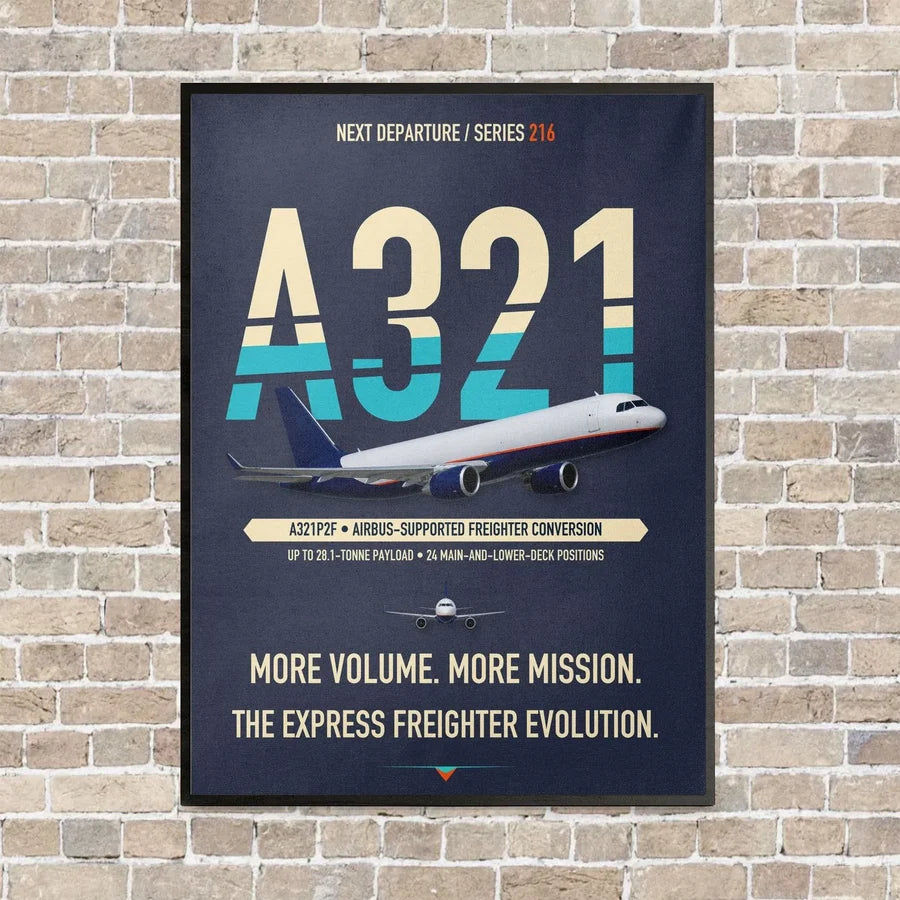 Airbus A321P2F vertical canvas print - framed - navy blue background