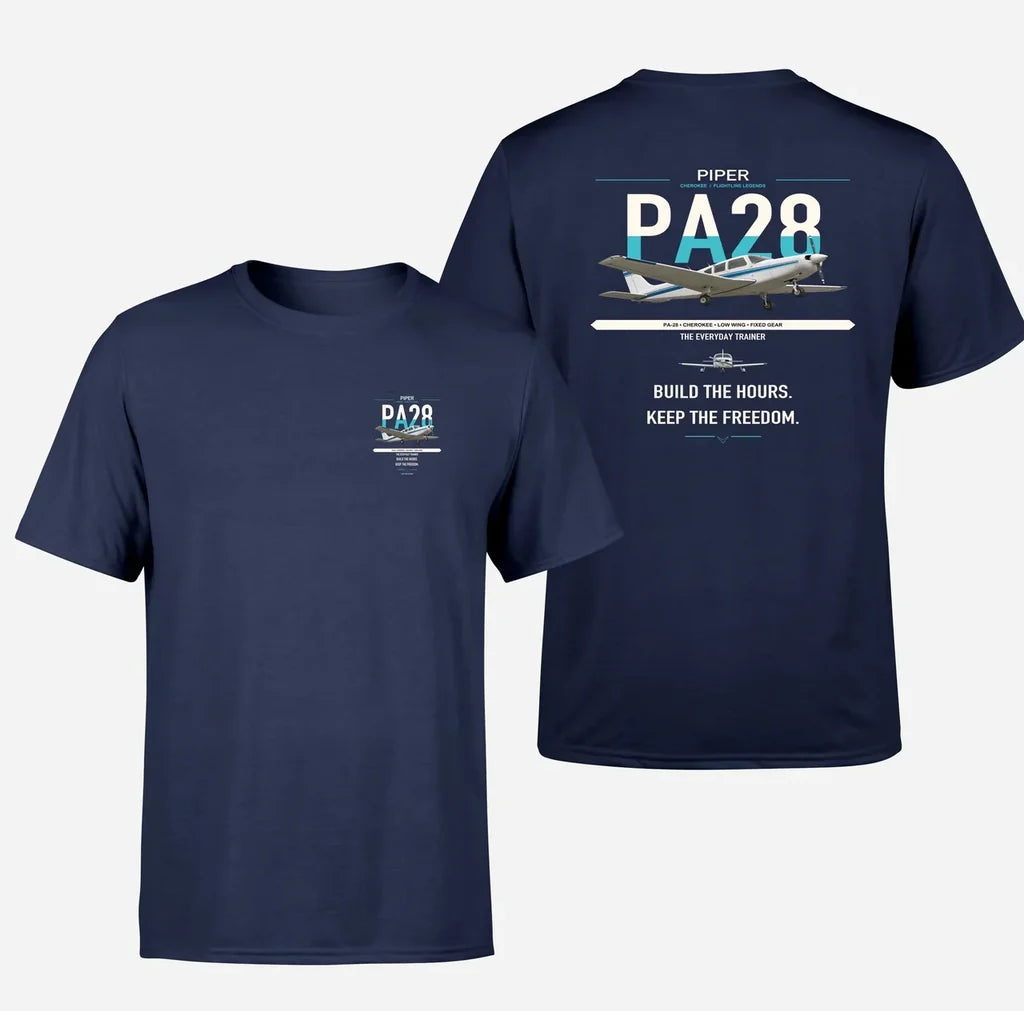 Piper PA-28 Cherokee design on navy blue t-shirt, double-side print