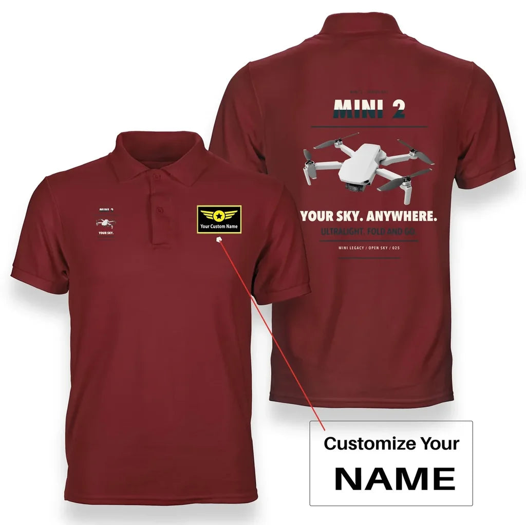 DJI Mini 2 design on red polo with custom name badge
