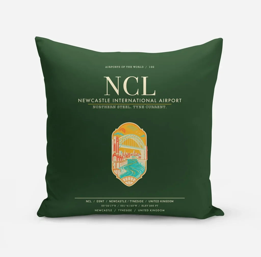 Newcastle International Airport (NCL) design on dark green pillow