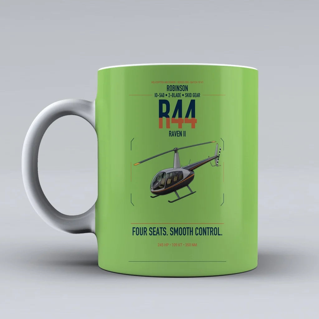 Robinson R44 Raven II design on light green ceramic mug, double-side print