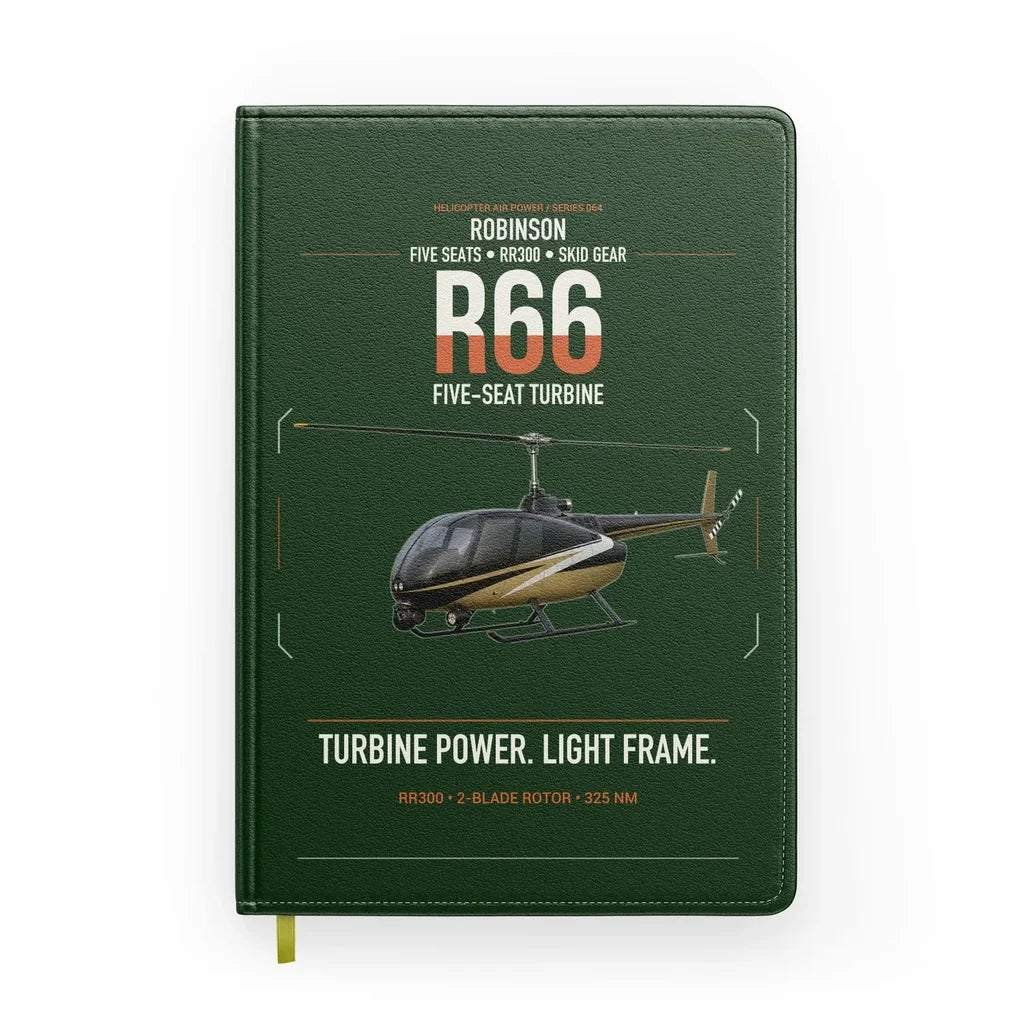 Robinson R66 design on dark green notebook