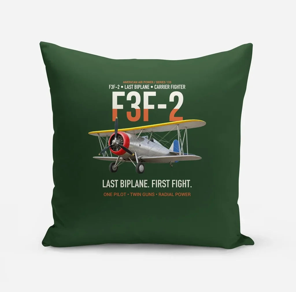 F3F-2 Last Biplane First Fight design on dark green pillow