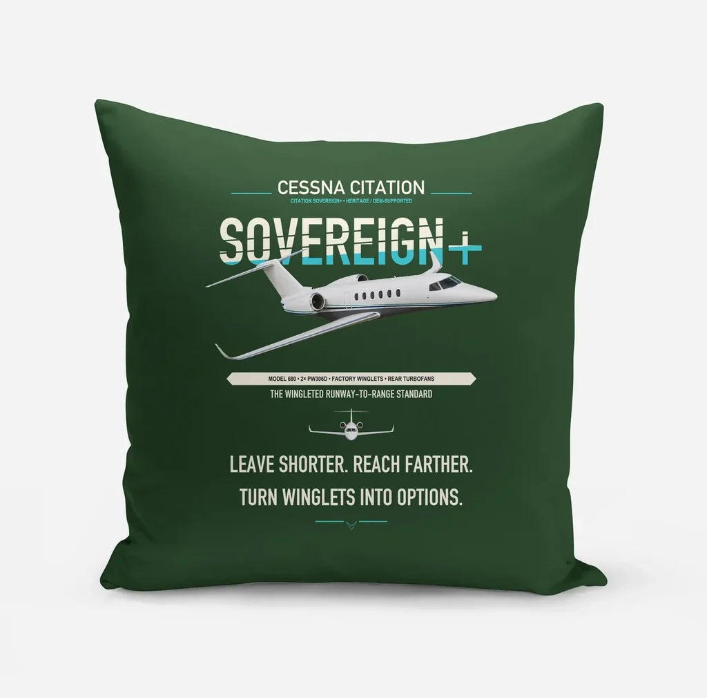 Cessna Citation Sovereign+ design on dark green pillow