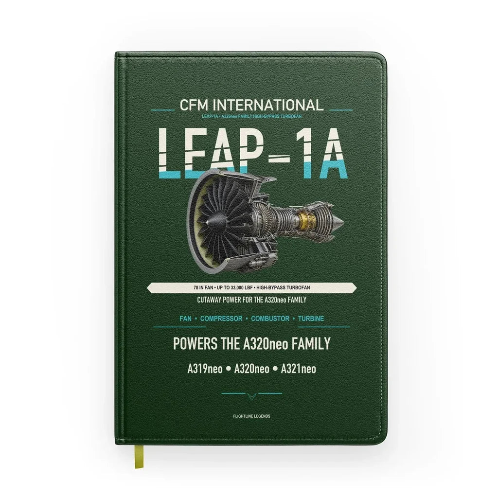 CFM LEAP-1A design on dark green notebook