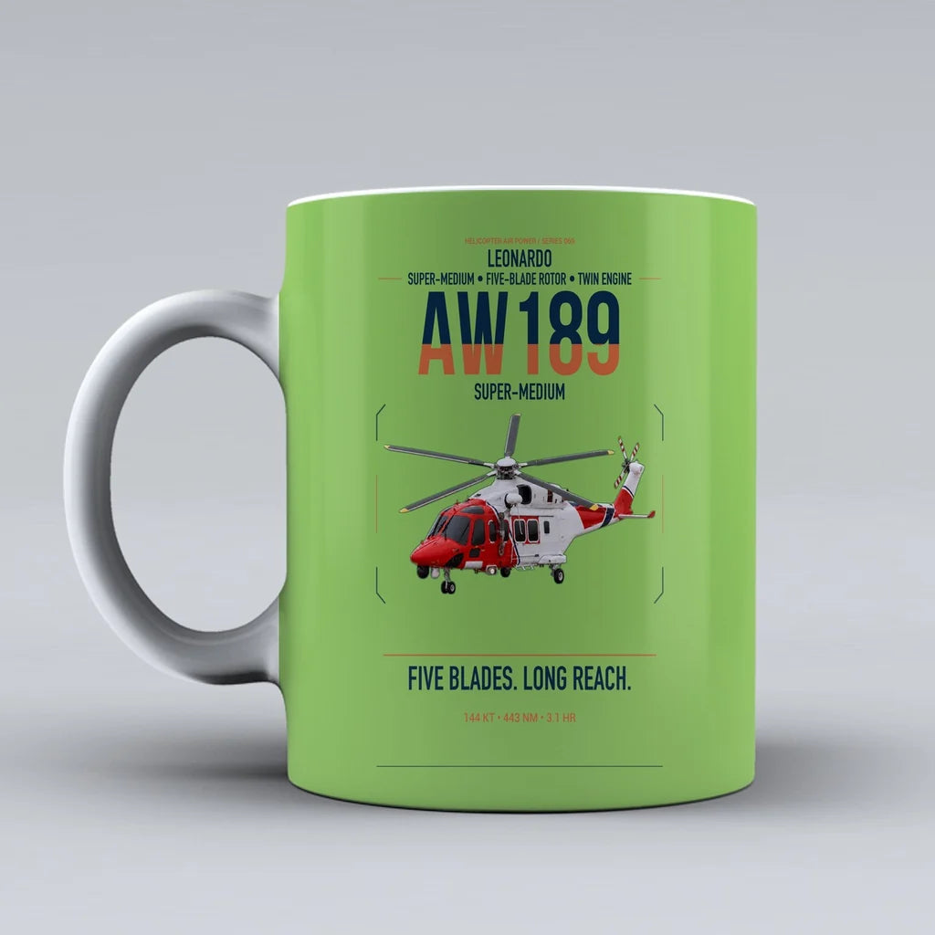 Leonardo AW189 design on light green ceramic mug, double-side print