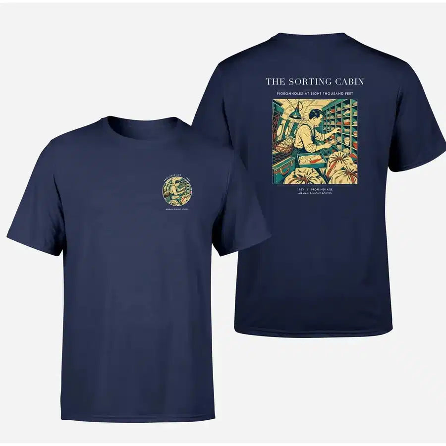 VINTAGE G4155 - The Sorting Cabin - Double-Side T-Shirt design on navyblue double side t shirt