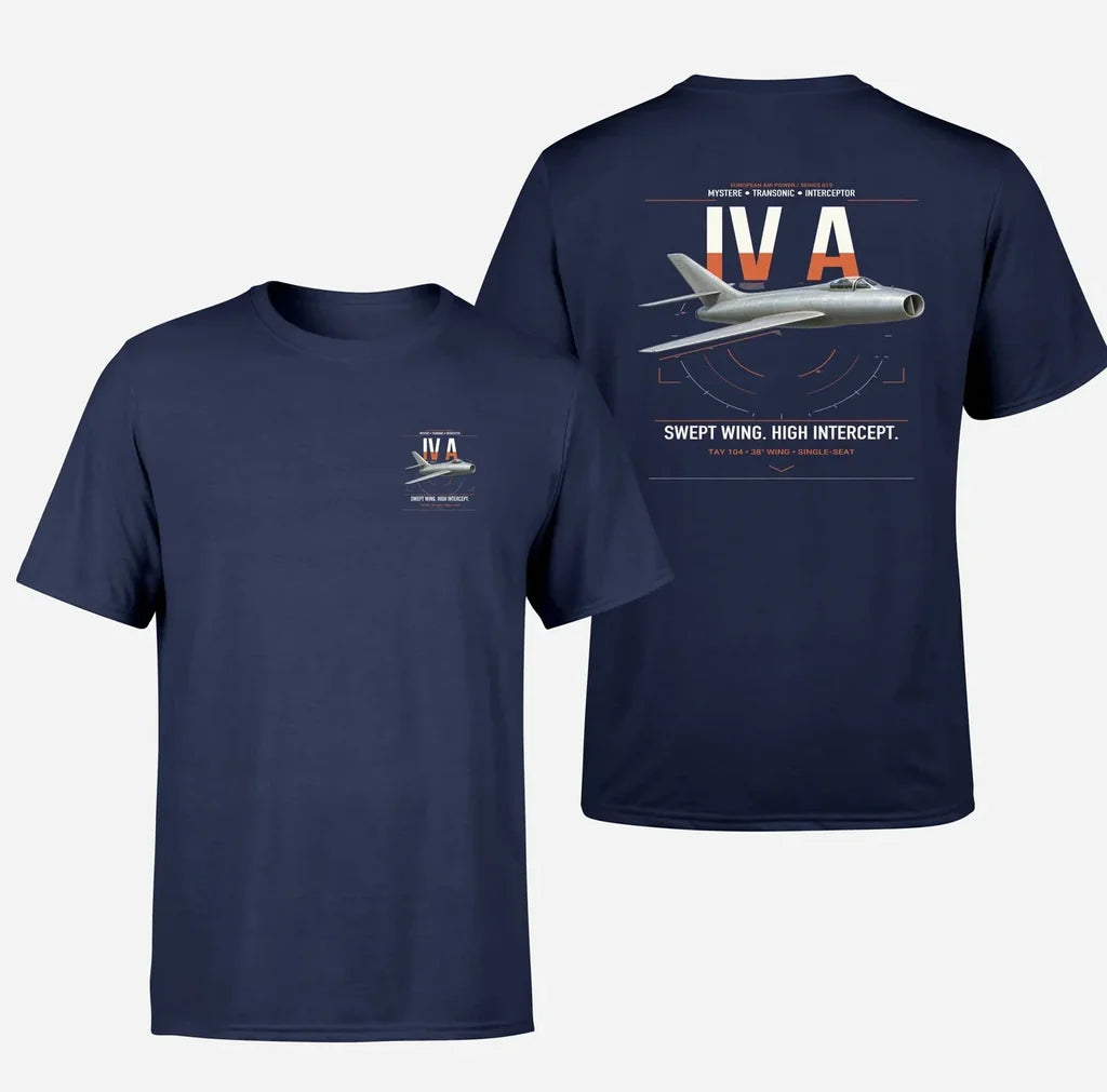 Dassault Mystère IV A design on navy blue t-shirt, double-side print