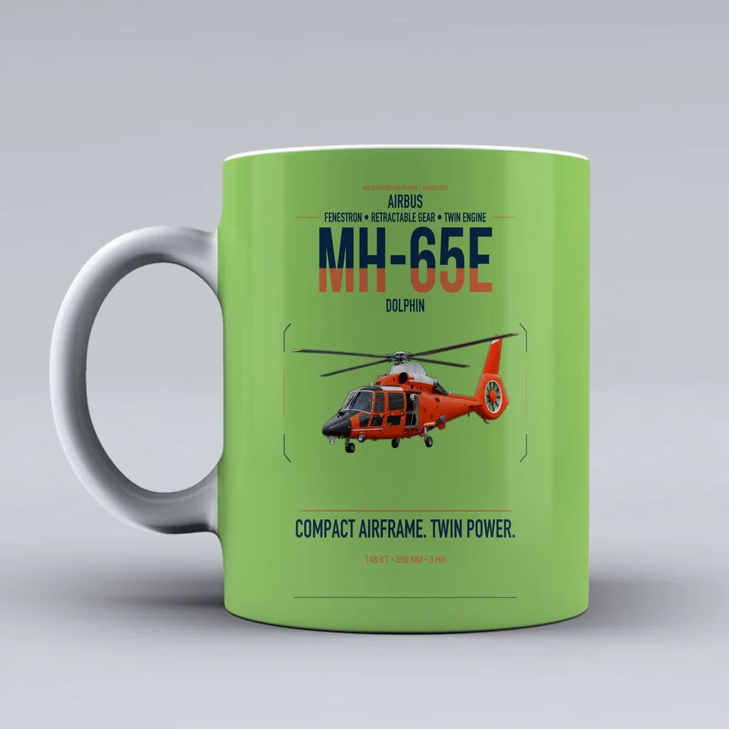 Airbus MH-65E Dolphin design on light green ceramic mug, double-side print