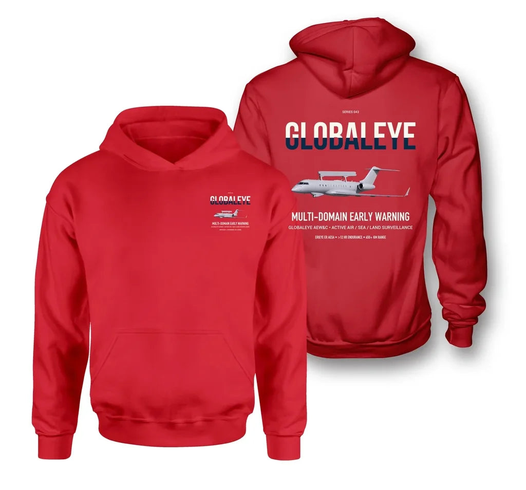 Saab GlobalEye design on red double-side hoodie, double-side print