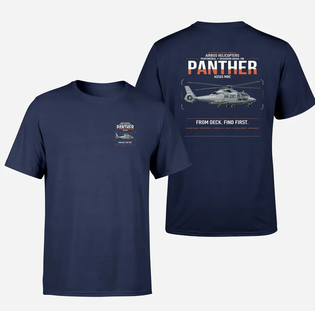 Airbus Helicopters AS565 MBe Panther design on navy blue t-shirt, double-side print