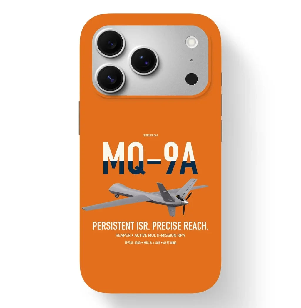 MQ-9A Reaper design on orange magsafe iphone case, for iPhone 17 Pro