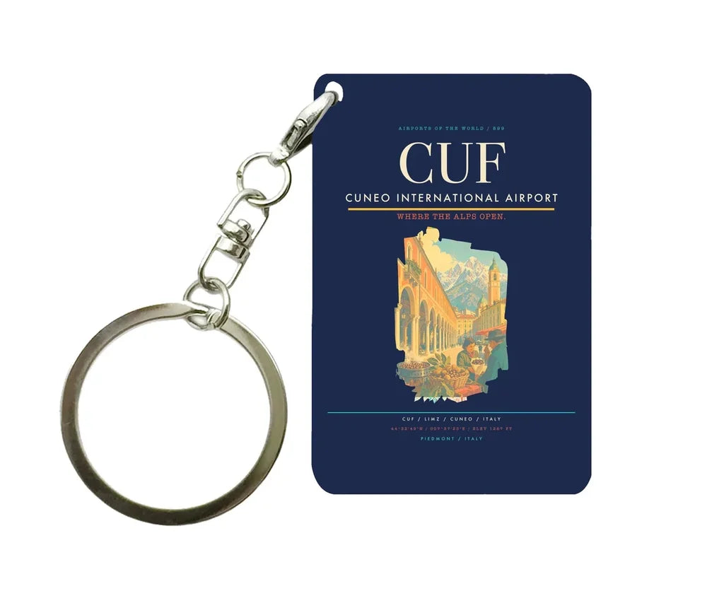 Cuneo International Airport (CUF) design on navy blue key chain